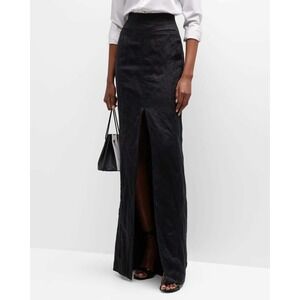 Jason Wu Collection Black Crinkle Cupro Linen Maxi Skirt Sz 2 Front‎ Slit NWT